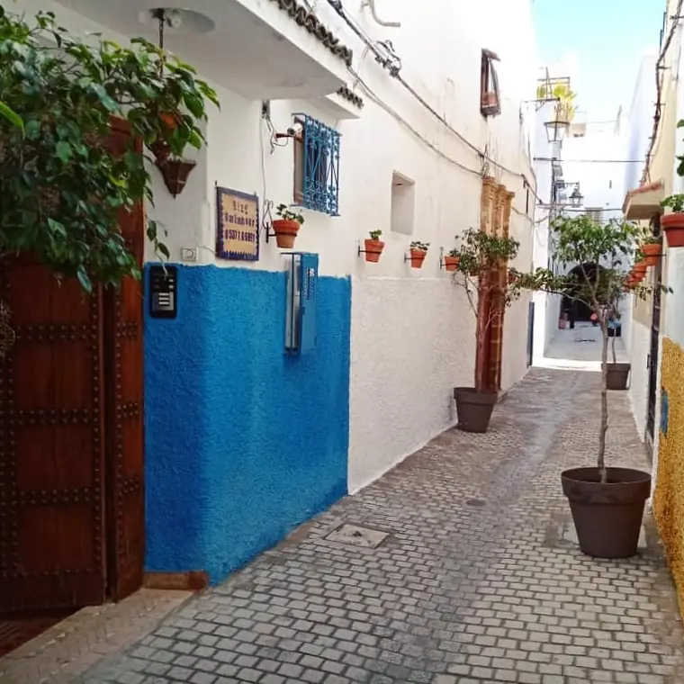 Une ruelle aux murs bleus de la médina